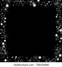White Snowflakes on Black Background. Christmas Confetti. Festive Background with Bokeh and Stars. New Year Glitter made of Snowflakes and Stars. Confetti for Cards, Posters, Flyers on Black Backdrop