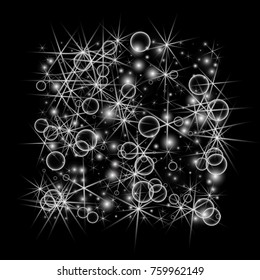White Snowflakes on Black Background. Christmas Confetti. Festive Background with Bokeh and Stars. New Year Glitter made of Snowflakes and Stars. Confetti for Cards, Posters, Flyers on Black Backdrop