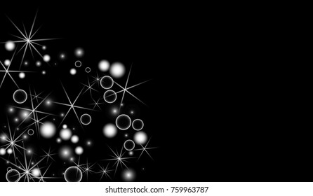White Snowflakes on Black Background. Christmas Confetti. Festive Background with Bokeh and Stars. New Year Glitter made of Snowflakes and Stars. Confetti for Cards, Posters, Flyers on Black Backdrop.
