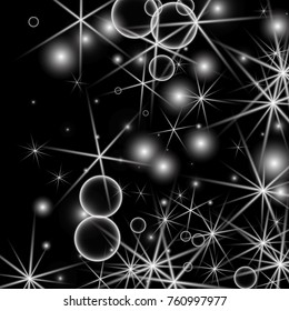 White Snowflakes on Black Background. Christmas Confetti. Festive Background with Bokeh and Stars. New Year Glitter made of Snowflakes and Stars. Confetti for Cards, Posters, Flyers on Black Backdrop