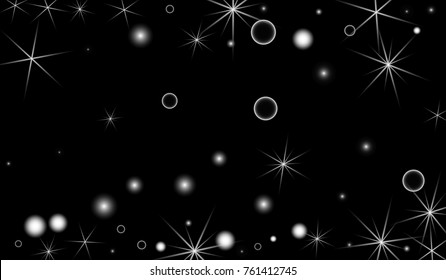 White Snowflakes on Black Background. Christmas Confetti. Festive Background with Bokeh and Stars. New Year Glitter made of Snowflakes and Stars. Confetti for Cards, Posters, Flyers on Black Backdrop.