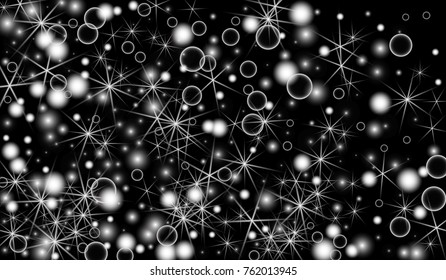 White Snowflakes on Black Background. Christmas Confetti. Festive Background with Bokeh and Stars. New Year Glitter made of Snowflakes and Stars. Confetti for Cards, Posters, Flyers on Black Backdrop.