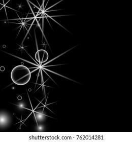 White Snowflakes on Black Background. Christmas Confetti. Festive Background with Bokeh and Stars. New Year Glitter made of Snowflakes and Stars. Confetti for Cards, Posters, Flyers on Black Backdrop