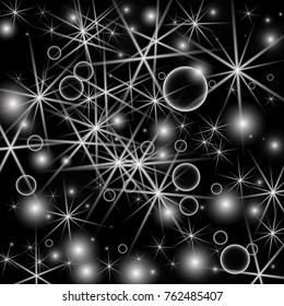 White Snowflakes on Black Background. Christmas Confetti. Festive Background with Bokeh and Stars. New Year Glitter made of Snowflakes and Stars. Confetti for Cards, Posters, Flyers on Black Backdrop
