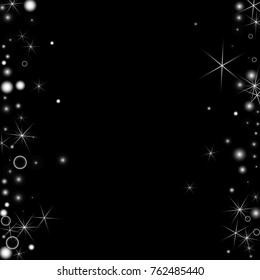 White Snowflakes on Black Background. Christmas Confetti. Festive Background with Bokeh and Stars. New Year Glitter made of Snowflakes and Stars. Confetti for Cards, Posters, Flyers on Black Backdrop