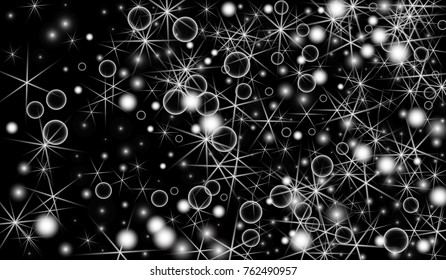 White Snowflakes on Black Background. Christmas Confetti. Festive Background with Bokeh and Stars. New Year Glitter made of Snowflakes and Stars. Confetti for Cards, Posters, Flyers on Black Backdrop.