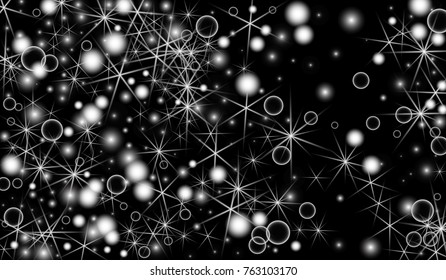 White Snowflakes on Black Background. Christmas Confetti. Festive Background with Bokeh and Stars. New Year Glitter made of Snowflakes and Stars. Confetti for Cards, Posters, Flyers on Black Backdrop.