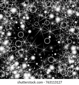 White Snowflakes on Black Background. Christmas Confetti. Festive Background with Bokeh and Stars. New Year Glitter made of Snowflakes and Stars. Confetti for Cards, Posters, Flyers on Black Backdrop