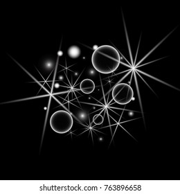 White Snowflakes on Black Background. Christmas Confetti. Festive Background with Bokeh and Stars. New Year Glitter made of Snowflakes and Stars. Confetti for Cards, Posters, Flyers on Black Backdrop