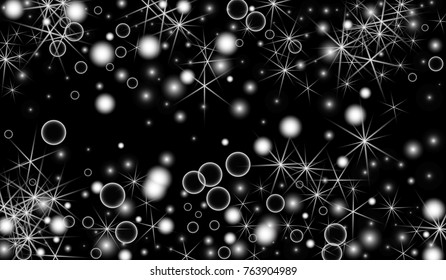 White Snowflakes on Black Background. Christmas Confetti. Festive Background with Bokeh and Stars. New Year Glitter made of Snowflakes and Stars. Confetti for Cards, Posters, Flyers on Black Backdrop.