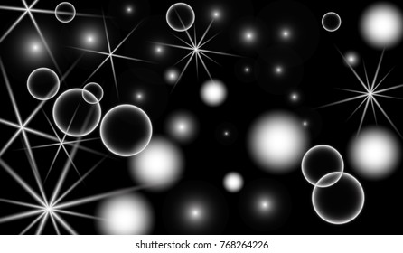 White Snowflakes on Black Background. Christmas Confetti. Festive Background with Bokeh and Stars. New Year Glitter made of Snowflakes and Stars. Confetti for Cards, Posters, Flyers on Black Backdrop.