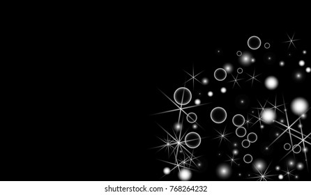 White Snowflakes on Black Background. Christmas Confetti. Festive Background with Bokeh and Stars. New Year Glitter made of Snowflakes and Stars. Confetti for Cards, Posters, Flyers on Black Backdrop.