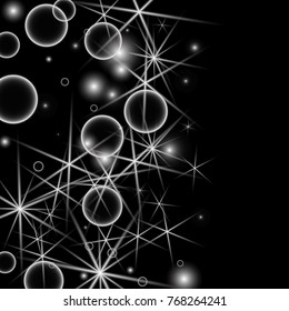 White Snowflakes on Black Background. Christmas Confetti. Festive Background with Bokeh and Stars. New Year Glitter made of Snowflakes and Stars. Confetti for Cards, Posters, Flyers on Black Backdrop