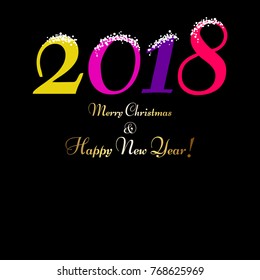 White snowflakes on a black background. Happy New Year 2018 and Merry Christmas! Bright text.