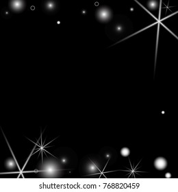 White Snowflakes on Black Background. Christmas Confetti. Festive Background with Bokeh and Stars. New Year Glitter made of Snowflakes and Stars. Confetti for Cards, Posters, Flyers on Black Backdrop