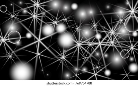 White Snowflakes on Black Background. Christmas Confetti. Festive Background with Bokeh and Stars. New Year Glitter made of Snowflakes and Stars. Confetti for Cards, Posters, Flyers on Black Backdrop.