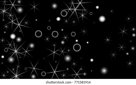 White Snowflakes on Black Background. Christmas Confetti. Festive Background with Bokeh and Stars. New Year Glitter made of Snowflakes and Stars. Confetti for Cards, Posters, Flyers on Black Backdrop.