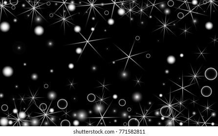 White Snowflakes on Black Background. Christmas Confetti. Festive Background with Bokeh and Stars. New Year Glitter made of Snowflakes and Stars. Confetti for Cards, Posters, Flyers on Black Backdrop.
