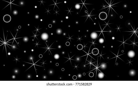 White Snowflakes on Black Background. Christmas Confetti. Festive Background with Bokeh and Stars. New Year Glitter made of Snowflakes and Stars. Confetti for Cards, Posters, Flyers on Black Backdrop.