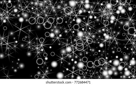 White Snowflakes on Black Background. Christmas Confetti. Festive Background with Bokeh and Stars. New Year Glitter made of Snowflakes and Stars. Confetti for Cards, Posters, Flyers on Black Backdrop.