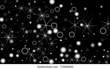 White Snowflakes on Black Background. Christmas Confetti. Festive Background with Bokeh and Stars. New Year Glitter made of Snowflakes and Stars. Confetti for Cards, Posters, Flyers on Black Backdrop.