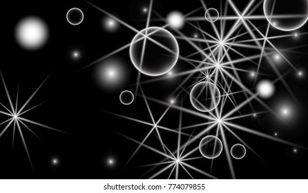 White Snowflakes on Black Background. Christmas Confetti. Festive Background with Bokeh and Stars. New Year Glitter made of Snowflakes and Stars. Confetti for Cards, Posters, Flyers on Black Backdrop.