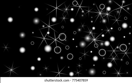 White Snowflakes on Black Background. Christmas Confetti. Festive Background with Bokeh and Stars. New Year Glitter made of Snowflakes and Stars. Confetti for Cards, Posters, Flyers on Black Backdrop.