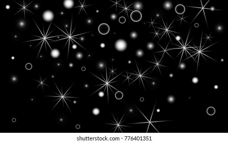 White Snowflakes on Black Background. Christmas Confetti. Festive Background with Bokeh and Stars. New Year Glitter made of Snowflakes and Stars. Confetti for Cards, Posters, Flyers on Black Backdrop.