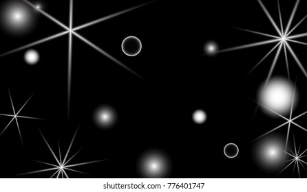 White Snowflakes on Black Background. Christmas Confetti. Festive Background with Bokeh and Stars. New Year Glitter made of Snowflakes and Stars. Confetti for Cards, Posters, Flyers on Black Backdrop.