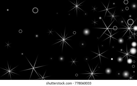 White Snowflakes on Black Background. Christmas Confetti. Festive Background with Bokeh and Stars. New Year Glitter made of Snowflakes and Stars. Confetti for Cards, Posters, Flyers on Black Backdrop.