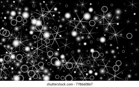 White Snowflakes on Black Background. Christmas Confetti. Festive Background with Bokeh and Stars. New Year Glitter made of Snowflakes and Stars. Confetti for Cards, Posters, Flyers on Black Backdrop.