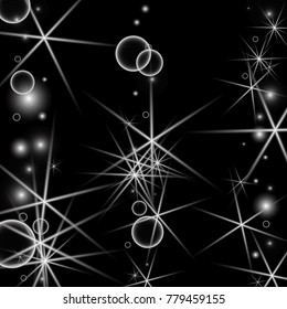 White Snowflakes on Black Background. Christmas Confetti. Festive Background with Bokeh and Stars. New Year Glitter made of Snowflakes and Stars. Confetti for Cards, Posters, Flyers on Black Backdrop