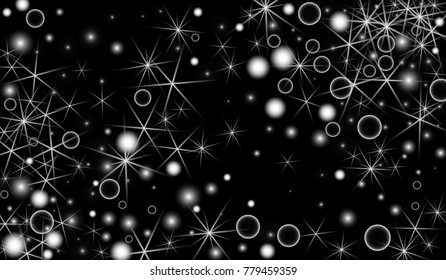 White Snowflakes on Black Background. Christmas Confetti. Festive Background with Bokeh and Stars. New Year Glitter made of Snowflakes and Stars. Confetti for Cards, Posters, Flyers on Black Backdrop.