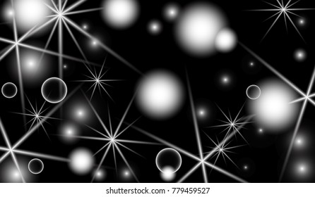 White Snowflakes on Black Background. Christmas Confetti. Festive Background with Bokeh and Stars. New Year Glitter made of Snowflakes and Stars. Confetti for Cards, Posters, Flyers on Black Backdrop.