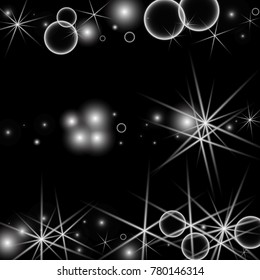 White Snowflakes on Black Background. Christmas Confetti. Festive Background with Bokeh and Stars. New Year Glitter made of Snowflakes and Stars. Confetti for Cards, Posters, Flyers on Black Backdrop