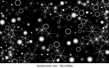 White Snowflakes on Black Background. Christmas Confetti. Festive Background with Bokeh and Stars. New Year Glitter made of Snowflakes and Stars. Confetti for Cards, Posters, Flyers on Black Backdrop.