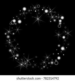 White Snowflakes on Black Background. Christmas Confetti. Festive Background with Bokeh and Stars. New Year Glitter made of Snowflakes and Stars. Confetti for Cards, Posters, Flyers on Black Backdrop