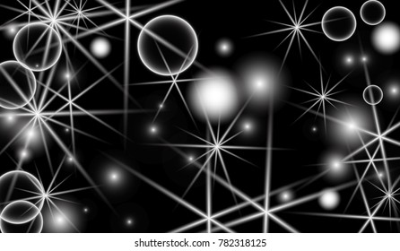 White Snowflakes on Black Background. Christmas Confetti. Festive Background with Bokeh and Stars. New Year Glitter made of Snowflakes and Stars. Confetti for Cards, Posters, Flyers on Black Backdrop.