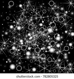 White Snowflakes on Black Background. Christmas Confetti. Festive Background with Bokeh and Stars. New Year Glitter made of Snowflakes and Stars. Confetti for Cards, Posters, Flyers on Black Backdrop