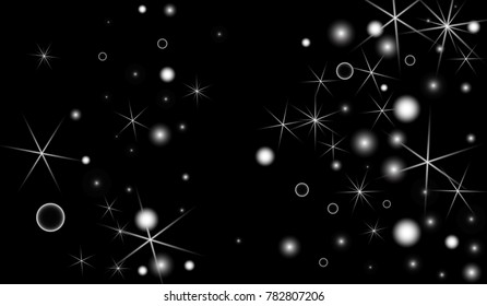 White Snowflakes on Black Background. Christmas Confetti. Festive Background with Bokeh and Stars. New Year Glitter made of Snowflakes and Stars. Confetti for Cards, Posters, Flyers on Black Backdrop.