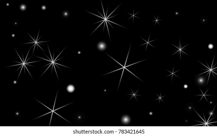 White Snowflakes on Black Background. Christmas Confetti. Festive Background with Bokeh and Stars. New Year Glitter made of Snowflakes and Stars. Confetti for Cards, Posters, Flyers on Black Backdrop.