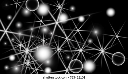 White Snowflakes on Black Background. Christmas Confetti. Festive Background with Bokeh and Stars. New Year Glitter made of Snowflakes and Stars. Confetti for Cards, Posters, Flyers on Black Backdrop.