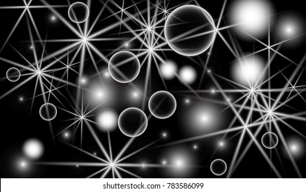 White Snowflakes on Black Background. Christmas Confetti. Festive Background with Bokeh and Stars. New Year Glitter made of Snowflakes and Stars. Confetti for Cards, Posters, Flyers on Black Backdrop.