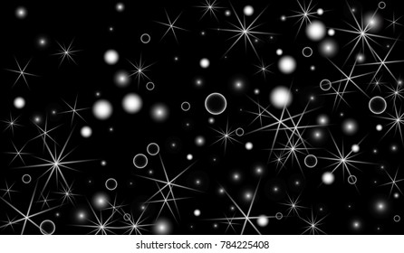 White Snowflakes on Black Background. Christmas Confetti. Festive Background with Bokeh and Stars. New Year Glitter made of Snowflakes and Stars. Confetti for Cards, Posters, Flyers on Black Backdrop.