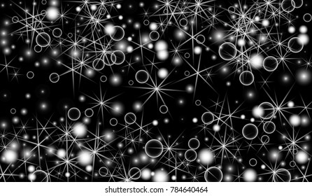 White Snowflakes on Black Background. Christmas Confetti. Festive Background with Bokeh and Stars. New Year Glitter made of Snowflakes and Stars. Confetti for Cards, Posters, Flyers on Black Backdrop.