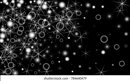 White Snowflakes on Black Background. Christmas Confetti. Festive Background with Bokeh and Stars. New Year Glitter made of Snowflakes and Stars. Confetti for Cards, Posters, Flyers on Black Backdrop.