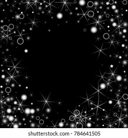 White Snowflakes on Black Background. Christmas Confetti. Festive Background with Bokeh and Stars. New Year Glitter made of Snowflakes and Stars. Confetti for Cards, Posters, Flyers on Black Backdrop