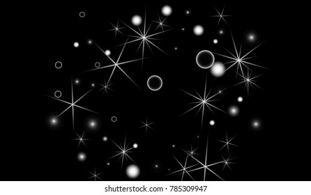White Snowflakes on Black Background. Christmas Confetti. Festive Background with Bokeh and Stars. New Year Glitter made of Snowflakes and Stars. Confetti for Cards, Posters, Flyers on Black Backdrop.