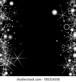 White Snowflakes on Black Background. Christmas Confetti. Festive Background with Bokeh and Stars. New Year Glitter made of Snowflakes and Stars. Confetti for Cards, Posters, Flyers on Black Backdrop