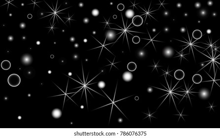 White Snowflakes on Black Background. Christmas Confetti. Festive Background with Bokeh and Stars. New Year Glitter made of Snowflakes and Stars. Confetti for Cards, Posters, Flyers on Black Backdrop.